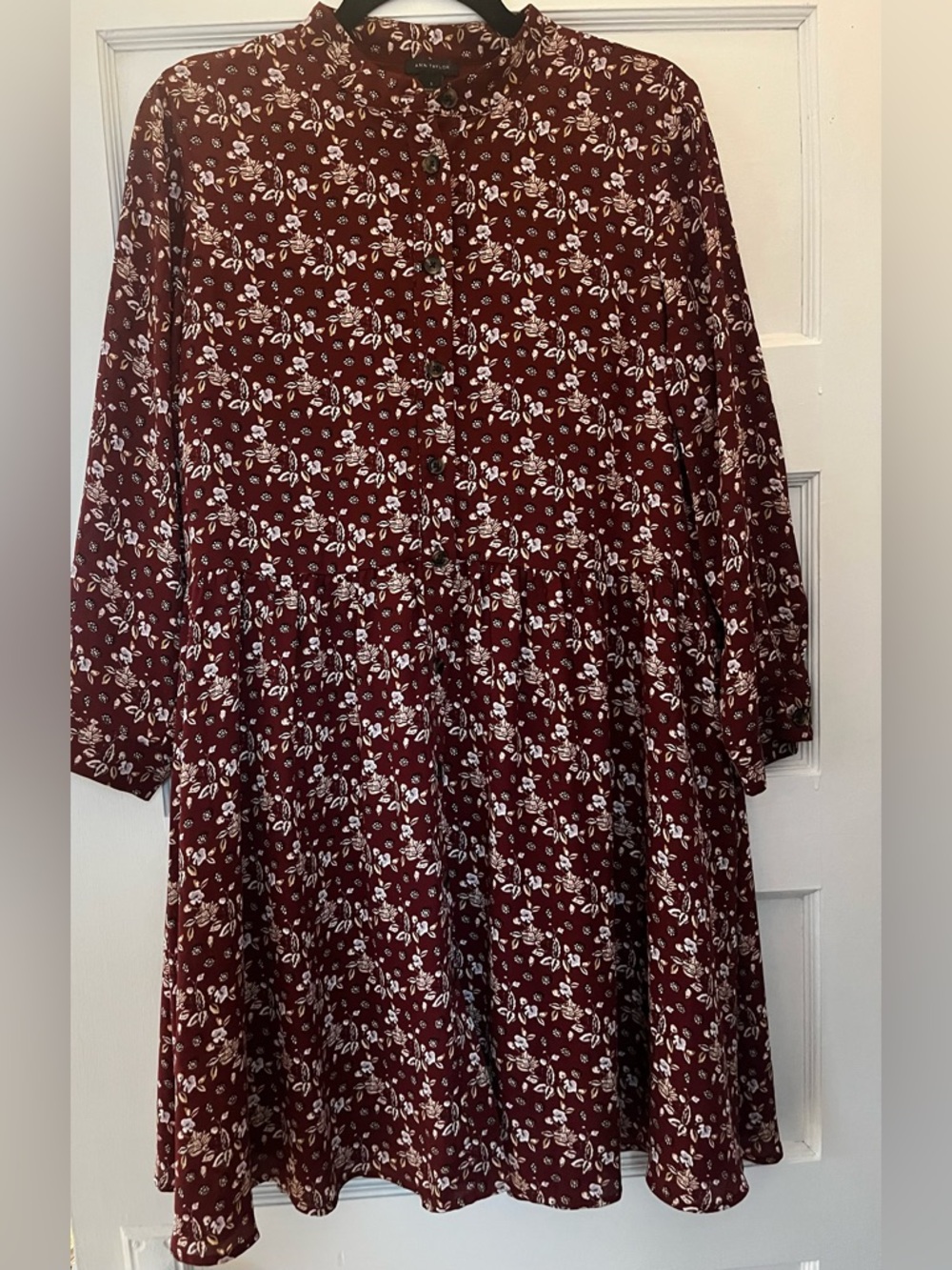 Ann Taylor Maroon Floral Button-Front Midi Dress, size S